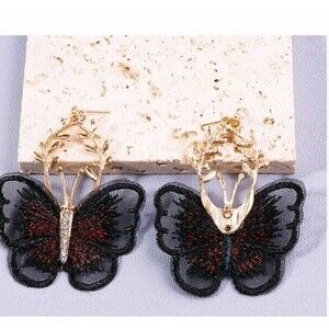 Butterfly Drop Dangle Earrings Black Red Embroidered Statement Boho Gothic